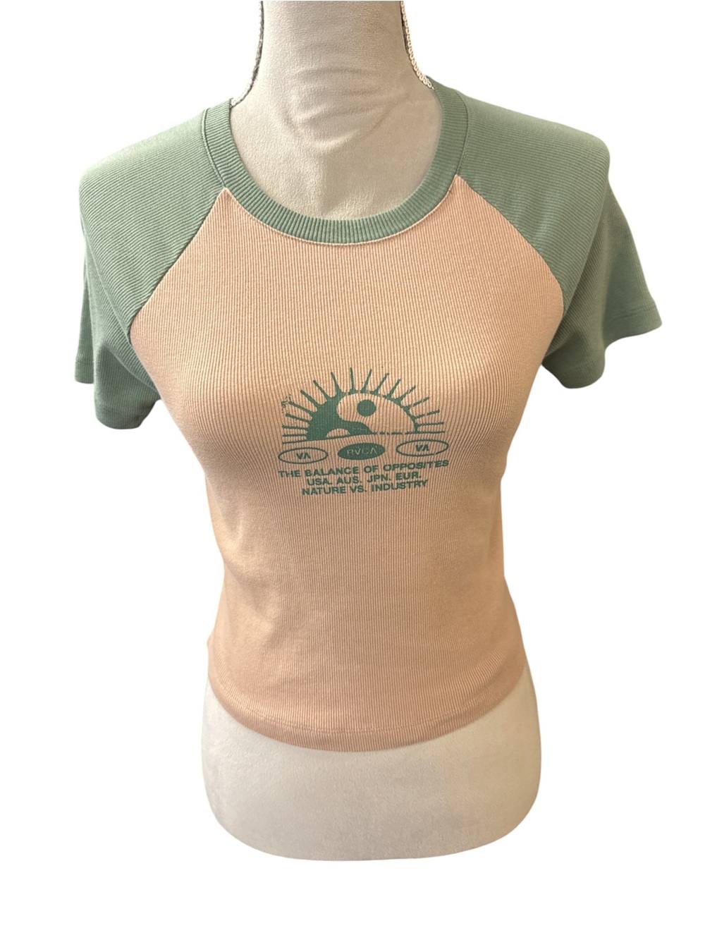 RVCA Peach Ribbed Raglan Tee with Sage Sleeves